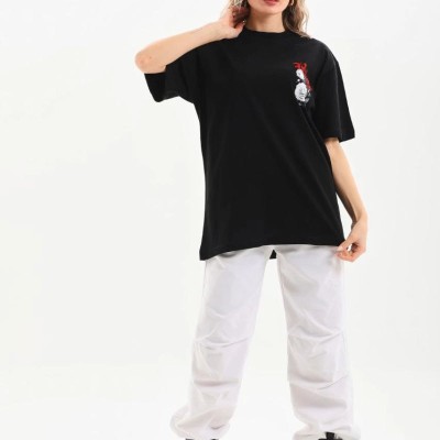 Kadın Kısa Kol Yazlık Tişört Bisiklet Yaka Baskılı Oversize T-Shirt - Siyah