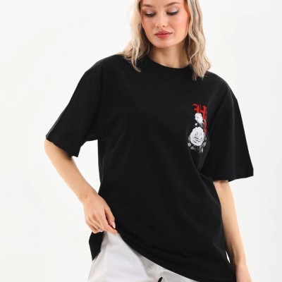 Kadın Kısa Kol Yazlık Tişört Bisiklet Yaka Baskılı Oversize T-Shirt - Siyah