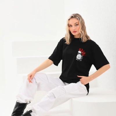 Kadın Kısa Kol Yazlık Tişört Bisiklet Yaka Baskılı Oversize T-Shirt - Siyah