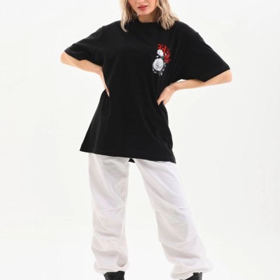 Kadın Kısa Kol Yazlık Tişört Bisiklet Yaka Baskılı Oversize T-Shirt - Siyah