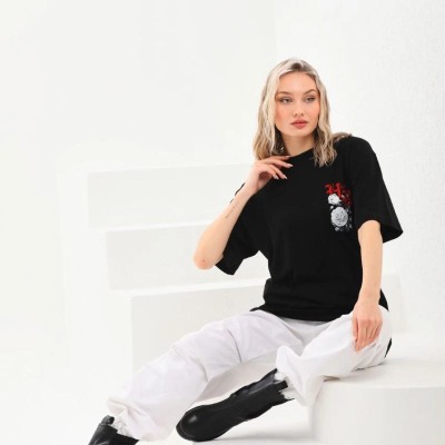 Kadın Kısa Kol Yazlık Tişört Bisiklet Yaka Baskılı Oversize T-Shirt - Siyah