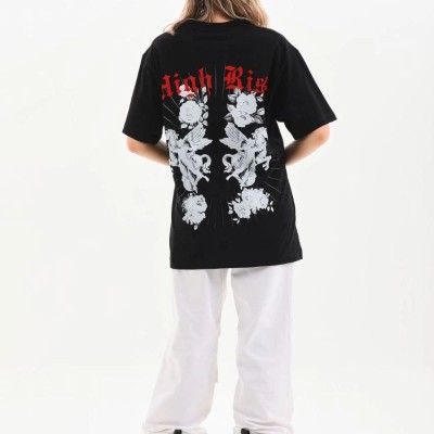 Kadın Kısa Kol Yazlık Tişört Bisiklet Yaka Baskılı Oversize T-Shirt - Siyah