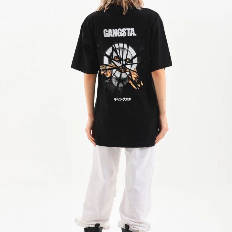 Kadın Kısa Kol Yazlık Tişört Bisiklet Yaka Baskılı Oversize T-Shirt - Siyah