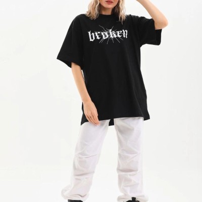 Kadın Kısa Kol Yazlık Tişört Bisiklet Yaka Baskılı Oversize T-Shirt - Siyah