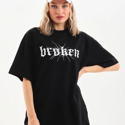 Kadın Kısa Kol Yazlık Tişört Bisiklet Yaka Baskılı Oversize T-Shirt - Siyah