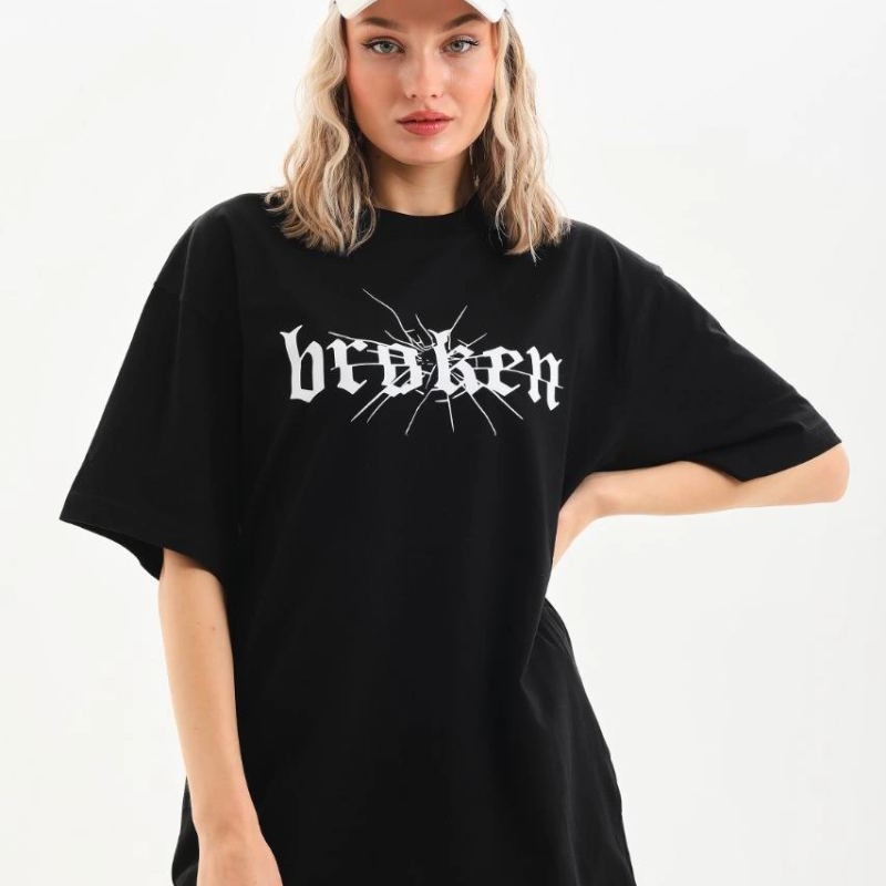 Kadın Kısa Kol Yazlık Tişört Bisiklet Yaka Baskılı Oversize T-Shirt - Siyah