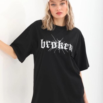 Kadın Kısa Kol Yazlık Tişört Bisiklet Yaka Baskılı Oversize T-Shirt - Siyah