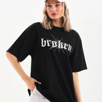 Kadın Kısa Kol Yazlık Tişört Bisiklet Yaka Baskılı Oversize T-Shirt - Siyah
