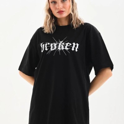 Kadın Kısa Kol Yazlık Tişört Bisiklet Yaka Baskılı Oversize T-Shirt - Siyah