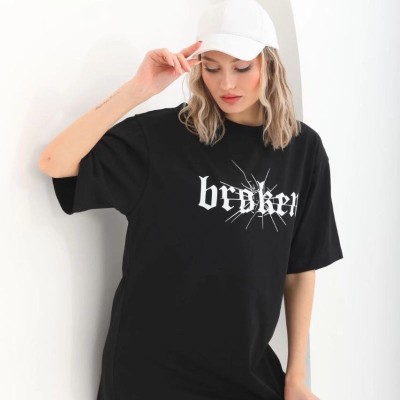 Kadın Kısa Kol Yazlık Tişört Bisiklet Yaka Baskılı Oversize T-Shirt - Siyah
