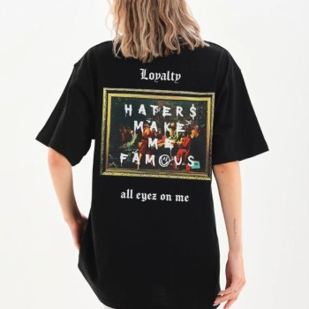 Kadın Kısa Kol Yazlık Tişört Bisiklet Yaka Baskılı Oversize T-Shirt - Siyah