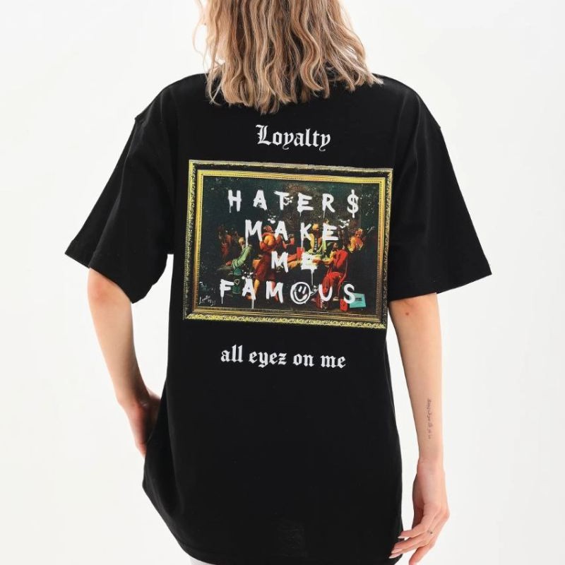 Kadın Kısa Kol Yazlık Tişört Bisiklet Yaka Baskılı Oversize T-Shirt - Siyah
