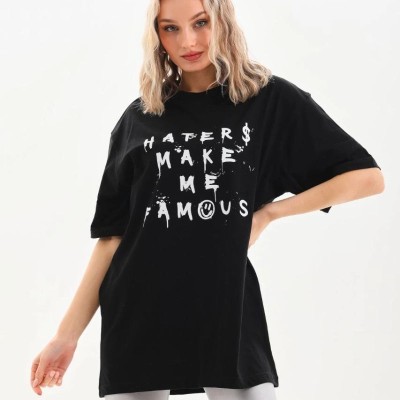 Kadın Kısa Kol Yazlık Tişört Bisiklet Yaka Baskılı Oversize T-Shirt - Siyah