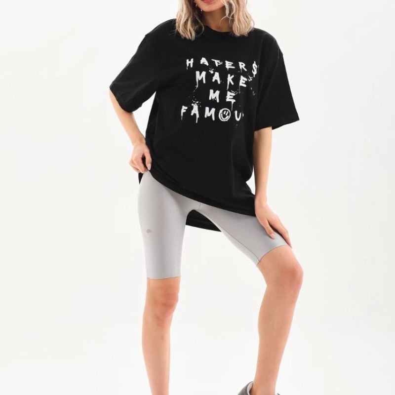 Kadın Kısa Kol Yazlık Tişört Bisiklet Yaka Baskılı Oversize T-Shirt - Siyah