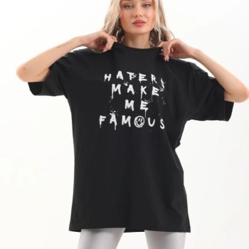 Kadın Kısa Kol Yazlık Tişört Bisiklet Yaka Baskılı Oversize T-Shirt - Siyah