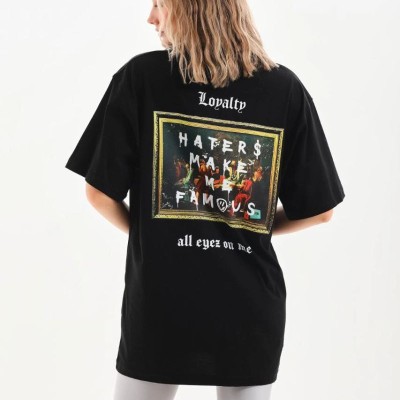 Kadın Kısa Kol Yazlık Tişört Bisiklet Yaka Baskılı Oversize T-Shirt - Siyah