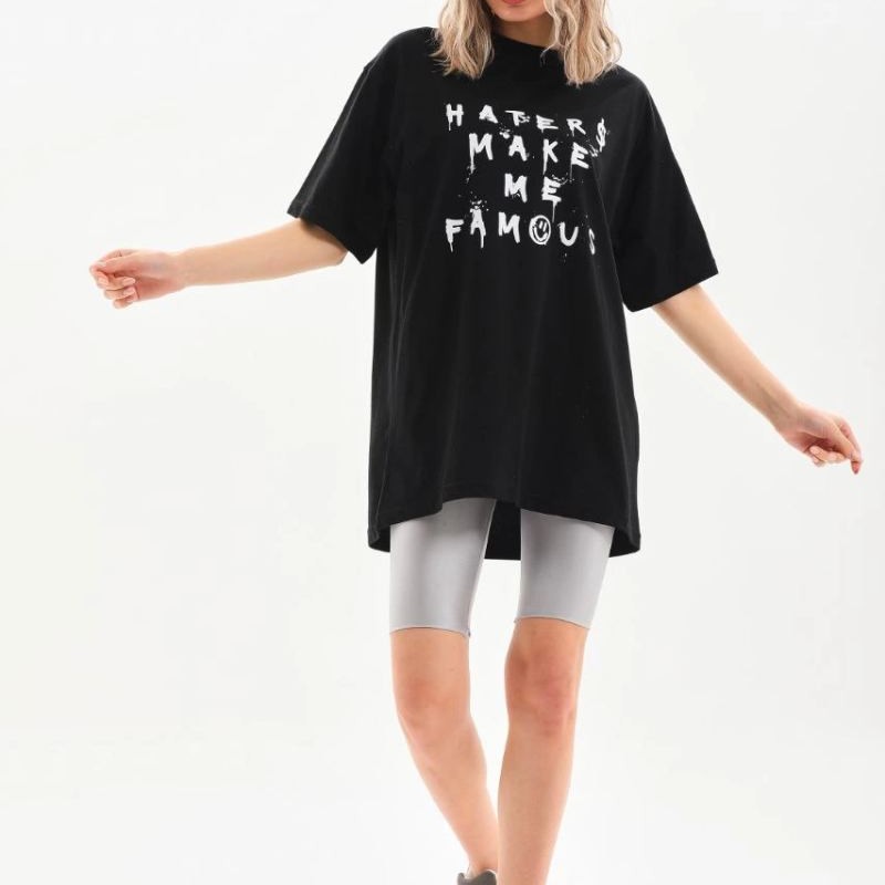 Kadın Kısa Kol Yazlık Tişört Bisiklet Yaka Baskılı Oversize T-Shirt - Siyah