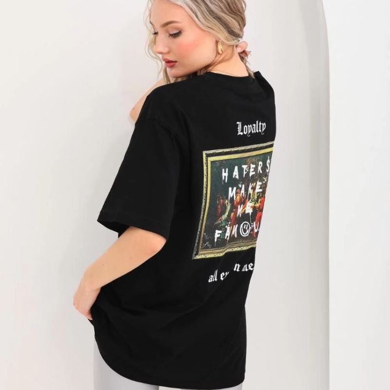 Kadın Kısa Kol Yazlık Tişört Bisiklet Yaka Baskılı Oversize T-Shirt - Siyah