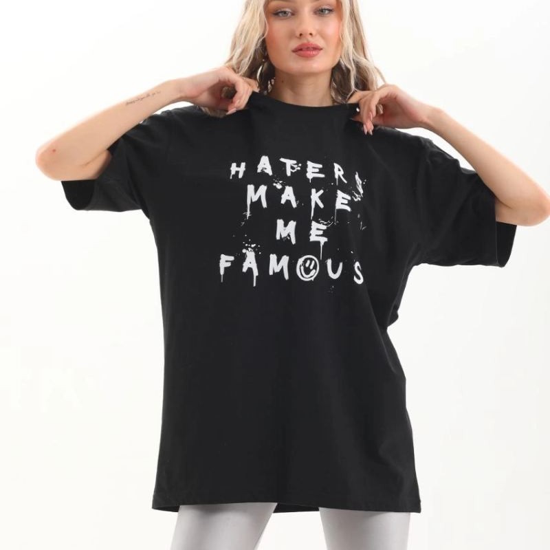 Kadın Kısa Kol Yazlık Tişört Bisiklet Yaka Baskılı Oversize T-Shirt - Siyah