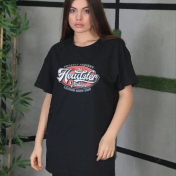 Kadın Kısa Kol Yazlık Tişört Bisiklet Yaka Baskılı Oversize T-Shirt - Siyah