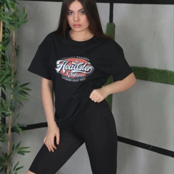 Kadın Kısa Kol Yazlık Tişört Bisiklet Yaka Baskılı Oversize T-Shirt - Siyah