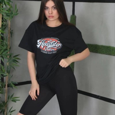 Kadın Kısa Kol Yazlık Tişört Bisiklet Yaka Baskılı Oversize T-Shirt - Siyah