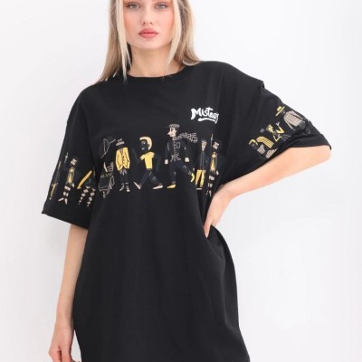 Kadın Kısa Kol Yazlık Tişört Bisiklet Yaka Baskılı Oversize T-Shirt - Siyah