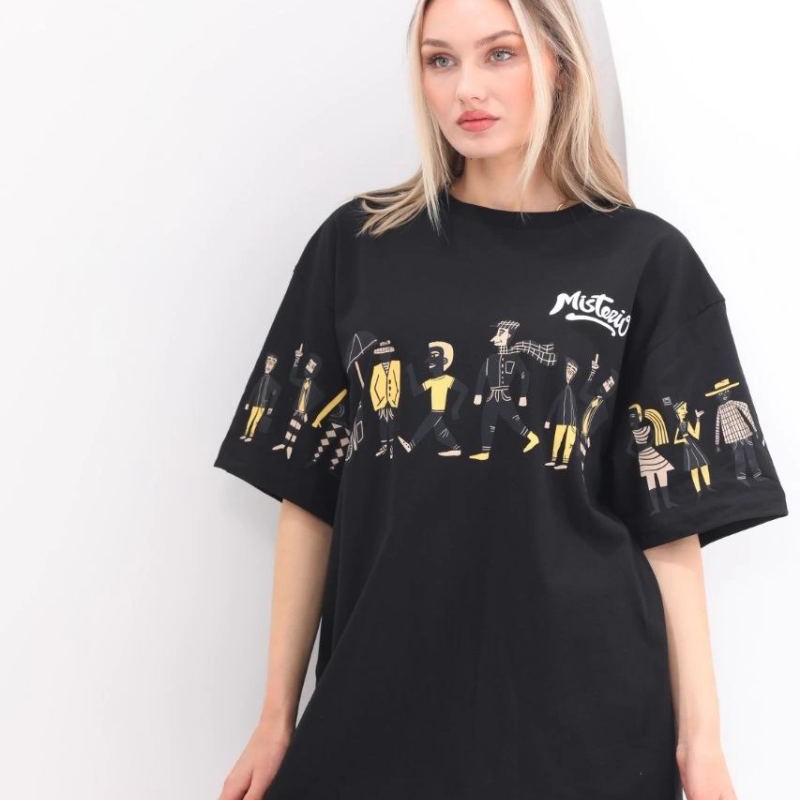 Kadın Kısa Kol Yazlık Tişört Bisiklet Yaka Baskılı Oversize T-Shirt - Siyah