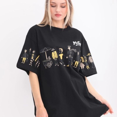 Kadın Kısa Kol Yazlık Tişört Bisiklet Yaka Baskılı Oversize T-Shirt - Siyah