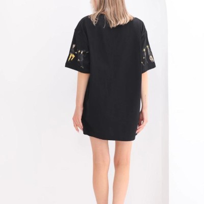 Kadın Kısa Kol Yazlık Tişört Bisiklet Yaka Baskılı Oversize T-Shirt - Siyah