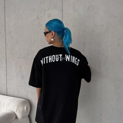 Kadın Kısa Kol Yazlık Tişört Bisiklet Yaka Baskılı Oversize T-Shirt -  Siyah