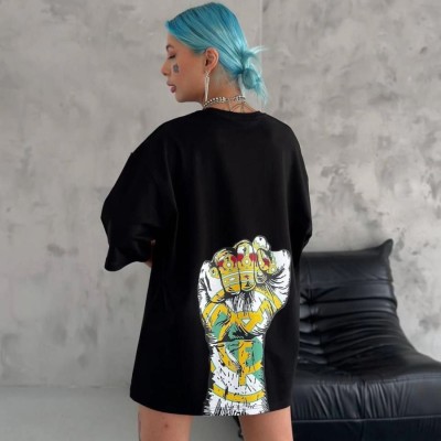 Kadın Kısa Kol Yazlık Tişört Bisiklet Yaka Baskılı Oversize T-Shirt - Siyah