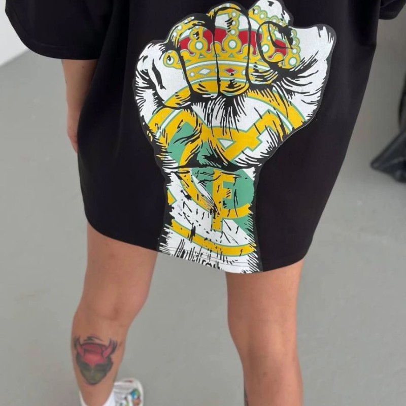 Kadın Kısa Kol Yazlık Tişört Bisiklet Yaka Baskılı Oversize T-Shirt - Siyah