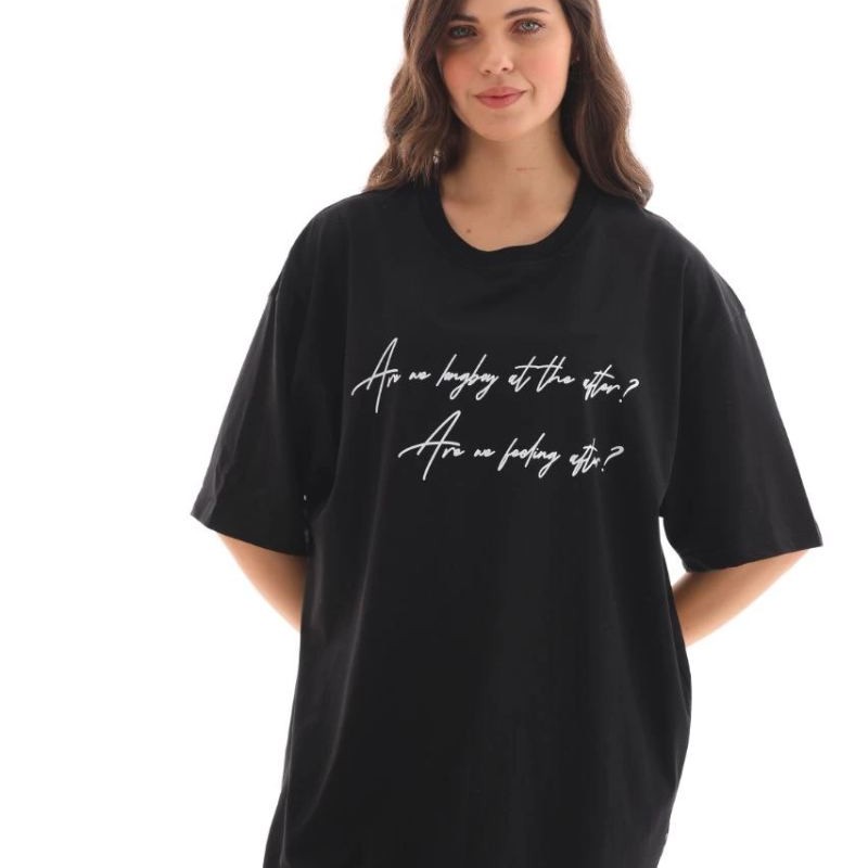 Kadın Kısa Kol Yazlık Tişört Bisiklet Yaka Baskılı Oversize T-Shirt - Siyah