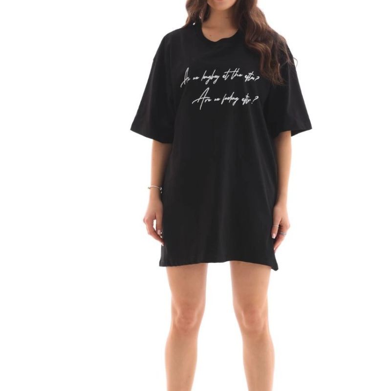 Kadın Kısa Kol Yazlık Tişört Bisiklet Yaka Baskılı Oversize T-Shirt - Siyah