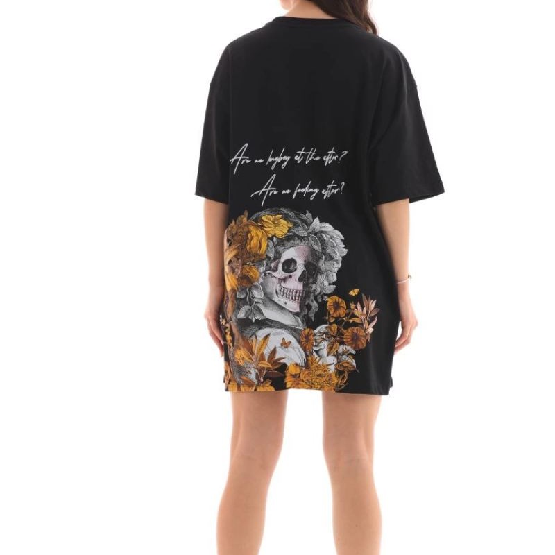 Kadın Kısa Kol Yazlık Tişört Bisiklet Yaka Baskılı Oversize T-Shirt - Siyah
