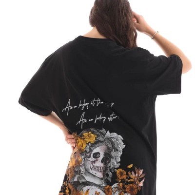 Kadın Kısa Kol Yazlık Tişört Bisiklet Yaka Baskılı Oversize T-Shirt - Siyah