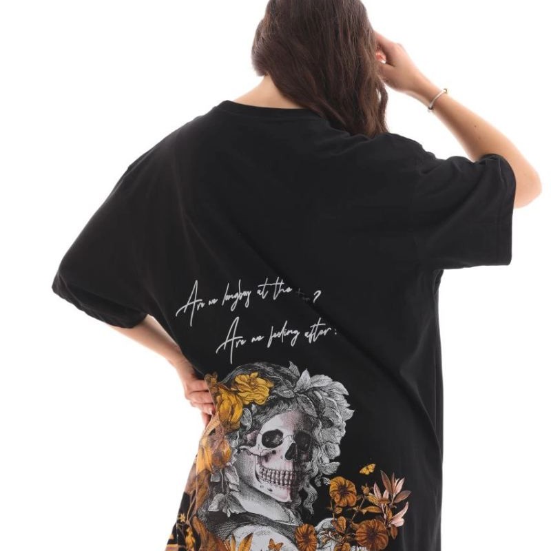 Kadın Kısa Kol Yazlık Tişört Bisiklet Yaka Baskılı Oversize T-Shirt - Siyah