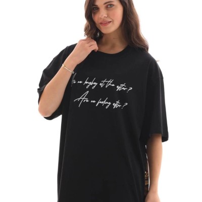 Kadın Kısa Kol Yazlık Tişört Bisiklet Yaka Baskılı Oversize T-Shirt - Siyah