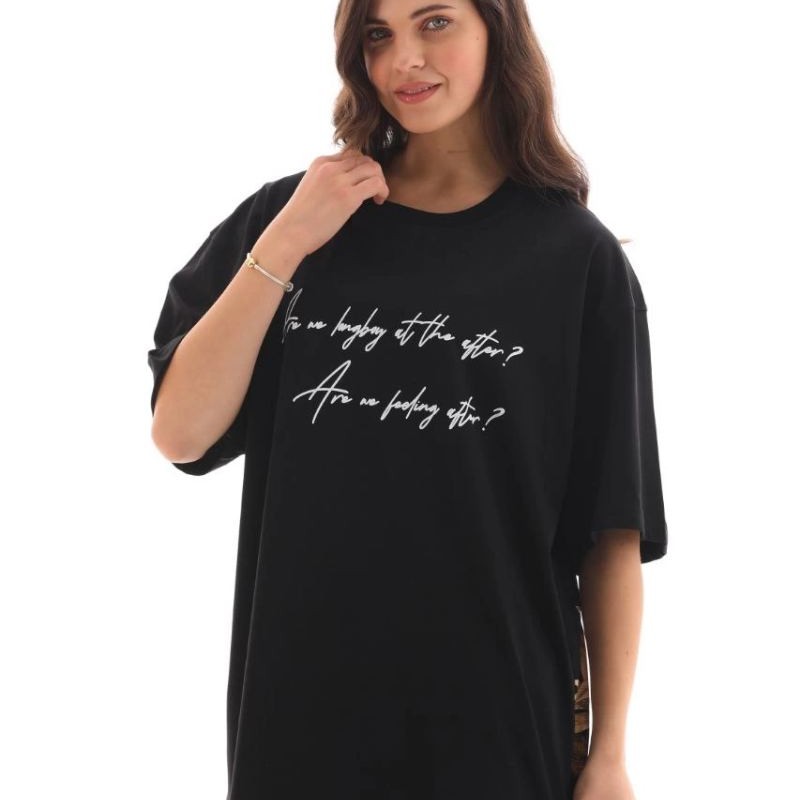 Kadın Kısa Kol Yazlık Tişört Bisiklet Yaka Baskılı Oversize T-Shirt - Siyah