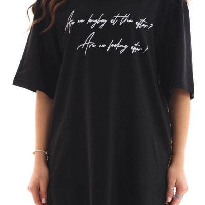 Kadın Kısa Kol Yazlık Tişört Bisiklet Yaka Baskılı Oversize T-Shirt - Siyah