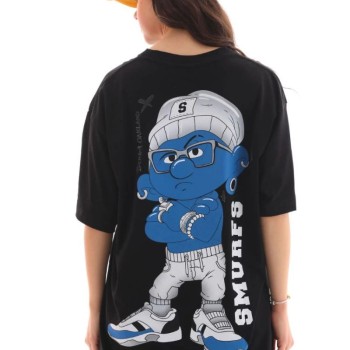 Kadın Kısa Kol Yazlık Tişört Bisiklet Yaka Baskılı Oversize T-Shirt - Siyah