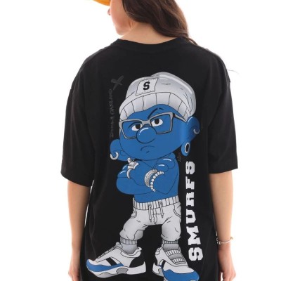 Kadın Kısa Kol Yazlık Tişört Bisiklet Yaka Baskılı Oversize T-Shirt - Siyah