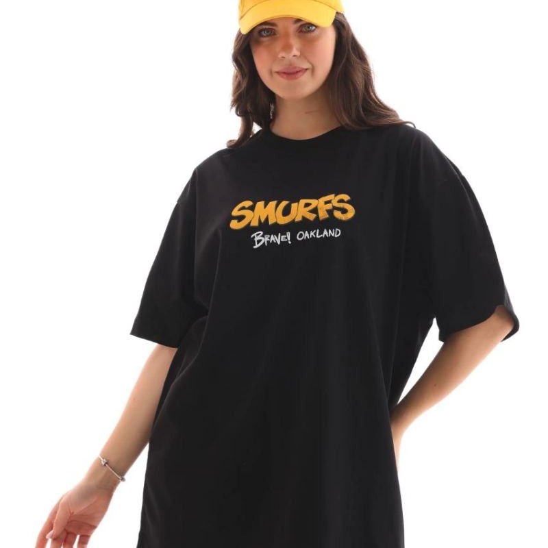 Kadın Kısa Kol Yazlık Tişört Bisiklet Yaka Baskılı Oversize T-Shirt - Siyah