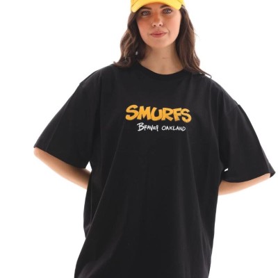 Kadın Kısa Kol Yazlık Tişört Bisiklet Yaka Baskılı Oversize T-Shirt - Siyah