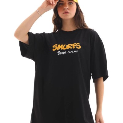 Kadın Kısa Kol Yazlık Tişört Bisiklet Yaka Baskılı Oversize T-Shirt - Siyah