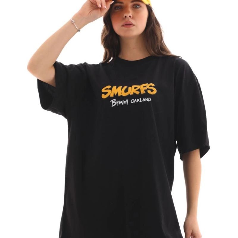 Kadın Kısa Kol Yazlık Tişört Bisiklet Yaka Baskılı Oversize T-Shirt - Siyah