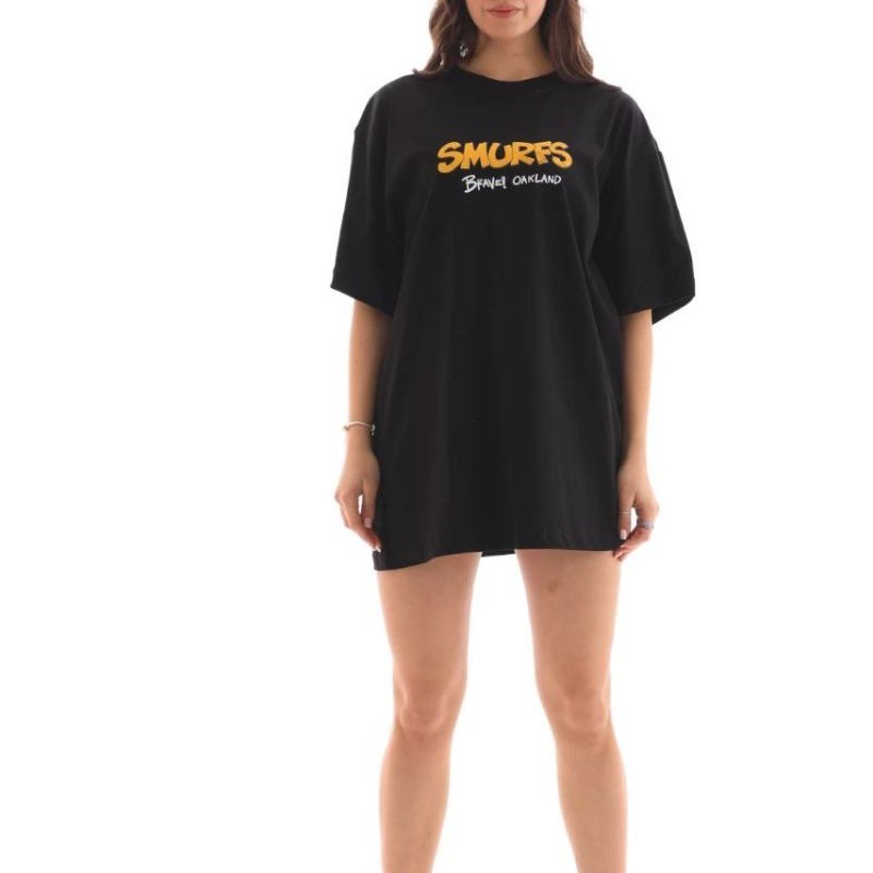 Kadın Kısa Kol Yazlık Tişört Bisiklet Yaka Baskılı Oversize T-Shirt - Siyah