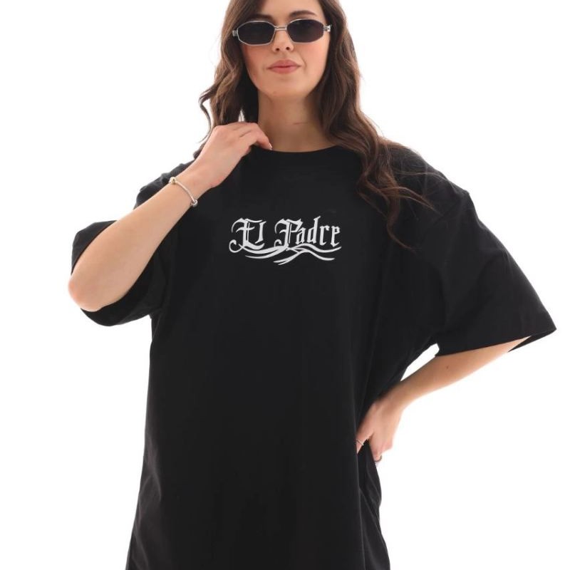Kadın Kısa Kol Yazlık Tişört Bisiklet Yaka Baskılı Oversize T-Shirt - Siyah