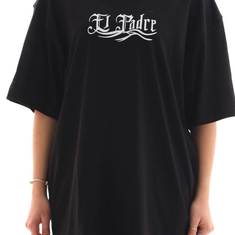 Kadın Kısa Kol Yazlık Tişört Bisiklet Yaka Baskılı Oversize T-Shirt - Siyah